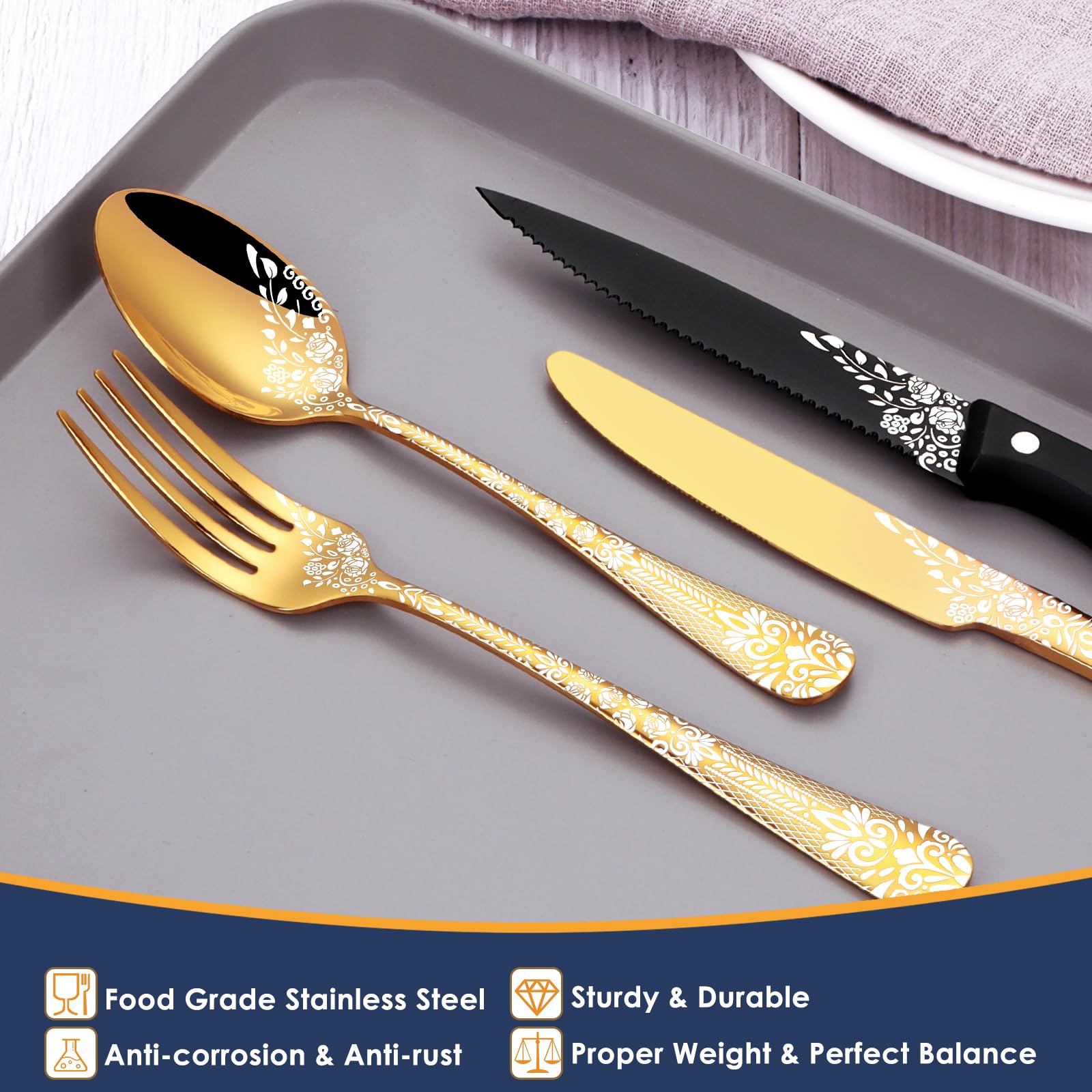 Amazon.com | EUIRIO 24-Piece Gold Silverware Set with Steak